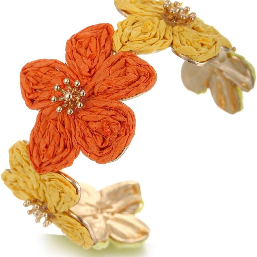 Raffia Flower Cuff Bracelet for Women, Floral Chunky Bangle Wide Open Cuff State